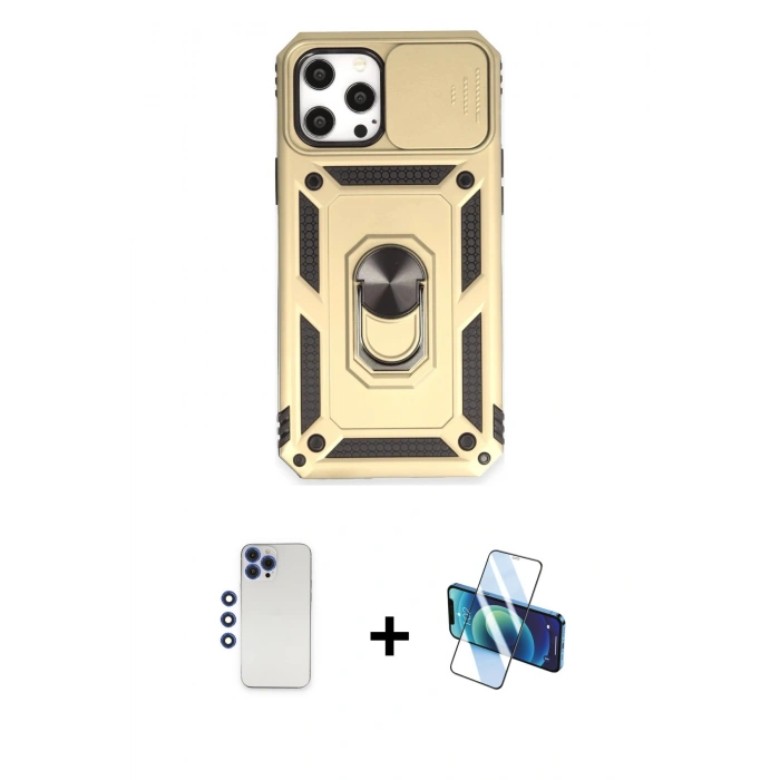 MARSİLYAN™- iPhone 12 Pro Max Kılıf Ahenk Klasik - Siyah 3D Antistatik Cam Ekran Koruyucu + Lacivert Shine Kamera Lens