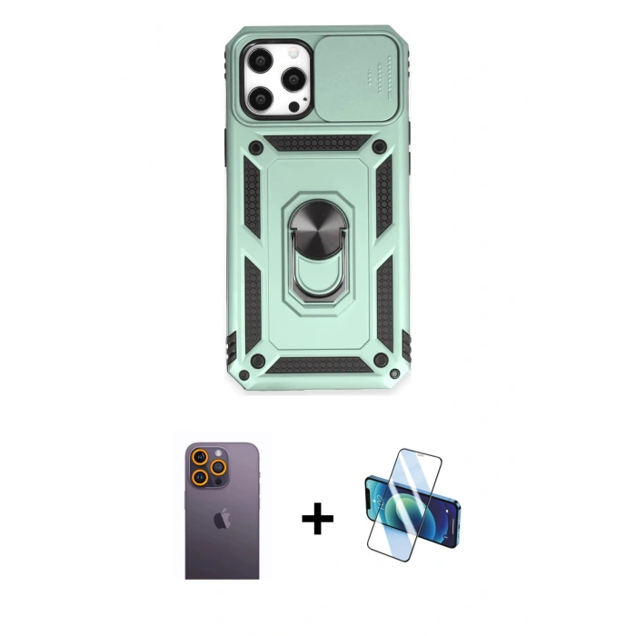 MARSİLYAN™- iPhone 12 Pro Max Kılıf Ahenk Klasik - Siyah 3D Antistatik Cam Ekran Koruyucu + Neon Fosforlu Kamera Lens - SI