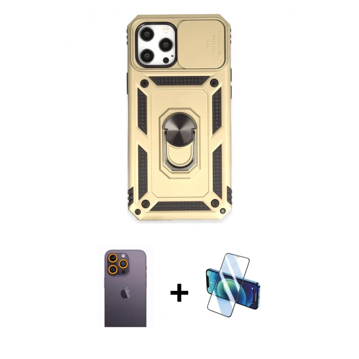 MARSİLYAN™- iPhone 12 Pro Max Kılıf Ahenk Klasik - Siyah 3D Antistatik Cam Ekran Koruyucu + Neon Fosforlu Kamera Lens - SI