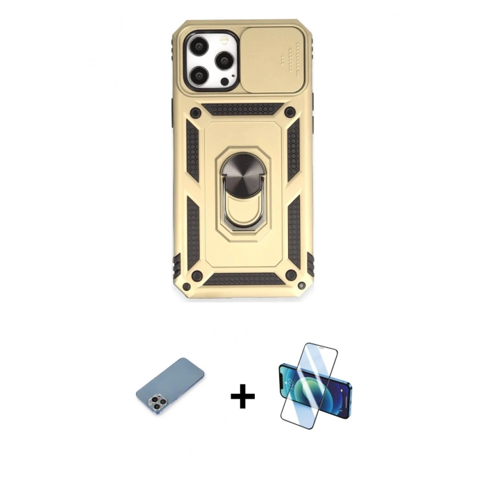 MARSİLYAN™- iPhone 12 Pro Max Kılıf Ahenk Klasik - Siyah 3D Antistatik Cam Ekran Koruyucu + Shine Kamera Lens Koruma Cam - GI
