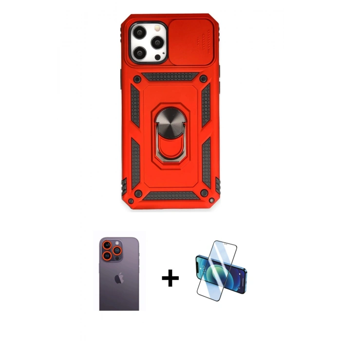 MARSİLYAN™- iPhone 12 Pro Max Kılıf Ahenk Klasik - Siyah 3D Antistatik Cam Ekran Koruyucu + Neon Fosforlu Kamera Lens - TU