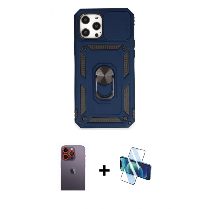 MARSİLYAN™- iPhone 12 Pro Max Kılıf Ahenk Klasik - Siyah 3D Antistatik Cam Ekran Koruyucu + Neon Fosforlu Kamera Lens - TU