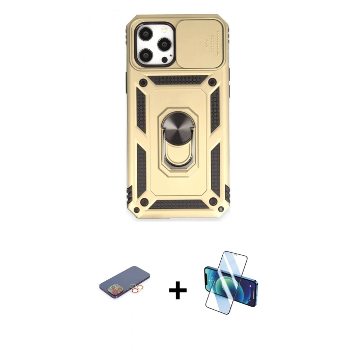 MARSİLYAN™- iPhone 12 Pro Max Kılıf Ahenk Klasik - Siyah 3D Antistatik Cam Ekran Koruyucu + Renkli Kamera Lens Koruma Cam - TU