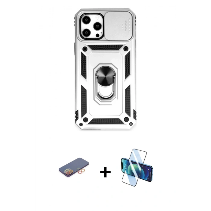 MARSİLYAN™- iPhone 12 Pro Max Kılıf Ahenk Klasik - Siyah 3D Antistatik Cam Ekran Koruyucu + Renkli Kamera Lens Koruma Cam - TU