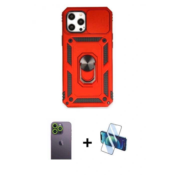 MARSİLYAN™- iPhone 12 Pro Max Kılıf Ahenk Klasik - Siyah 3D Antistatik Cam Ekran Koruyucu + Neon Fosforlu Kamera Lens - YL