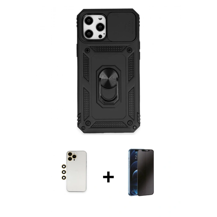 MARSİLYAN™- iPhone 12 Pro Max Kılıf Ahenk Klasik - Siyah 3D Antistatik Hayalet Cam Ekran Koruyucu + Shine Kamera Lens - GD