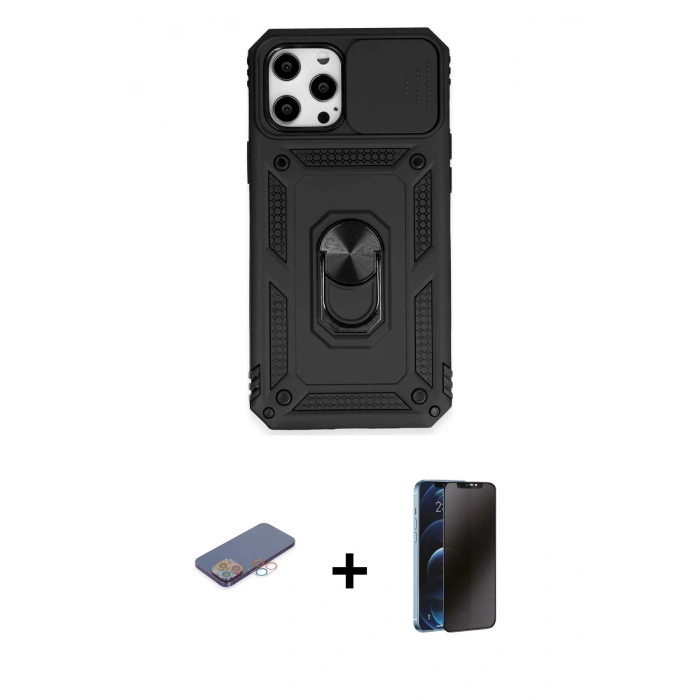 MARSİLYAN™- iPhone 12 Pro Max Kılıf Ahenk Klasik - Siyah 3D Antistatik Hayalet Cam Ekran Koruyucu + Renkli Kamera Lens Koruma Cam - PE
