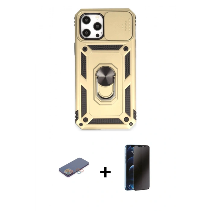 MARSİLYAN™- iPhone 12 Pro Max Kılıf Ahenk Klasik - Siyah 3D Antistatik Hayalet Cam Ekran Koruyucu + Renkli Kamera Lens Koruma Cam - PE