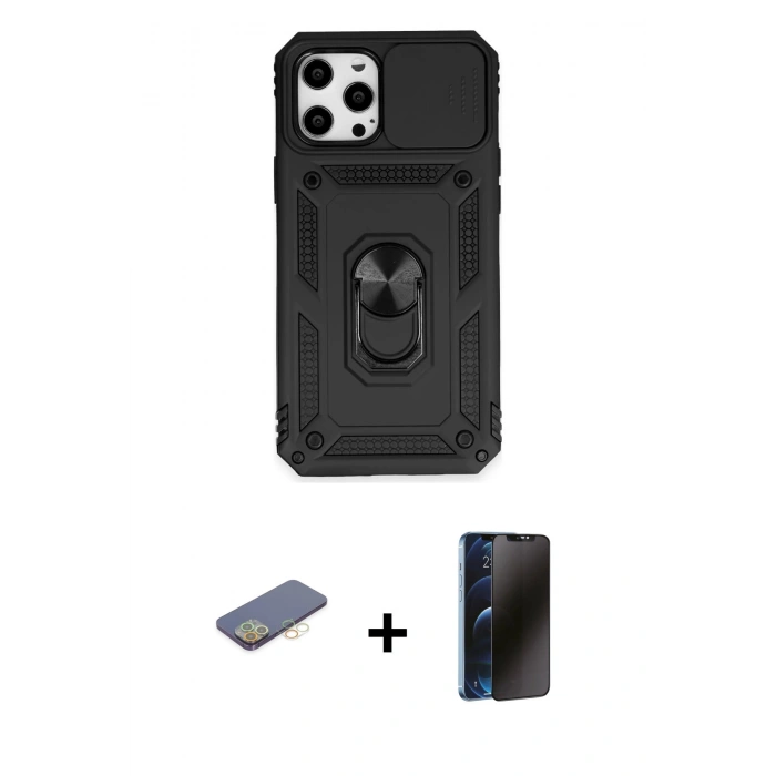 MARSİLYAN™- iPhone 12 Pro Max Kılıf Ahenk Klasik - Siyah 3D Antistatik Hayalet Cam Ekran Koruyucu + Renkli Kamera Lens Koruma Cam - SI