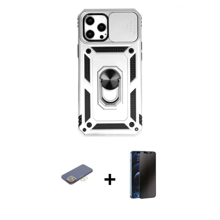 MARSİLYAN™- iPhone 12 Pro Max Kılıf Ahenk Klasik - Siyah 3D Antistatik Hayalet Cam Ekran Koruyucu + Renkli Kamera Lens Koruma Cam - SI