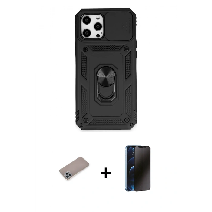 MARSİLYAN™- iPhone 12 Pro Max Kılıf Ahenk Klasik - Siyah 3D Antistatik Hayalet Cam Ekran Koruyucu + Shine Kamera Lens Koruma Cam - SABE