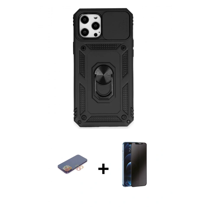 MARSİLYAN™- iPhone 12 Pro Max Kılıf Ahenk Klasik - Siyah 3D Antistatik Hayalet Cam Ekran Koruyucu + Renkli Kamera Lens Koruma Cam - TU