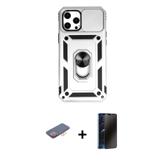 MARSİLYAN™- iPhone 12 Pro Max Kılıf Ahenk Klasik - Siyah 3D Antistatik Hayalet Cam Ekran Koruyucu + Renkli Kamera Lens Koruma Cam - TU