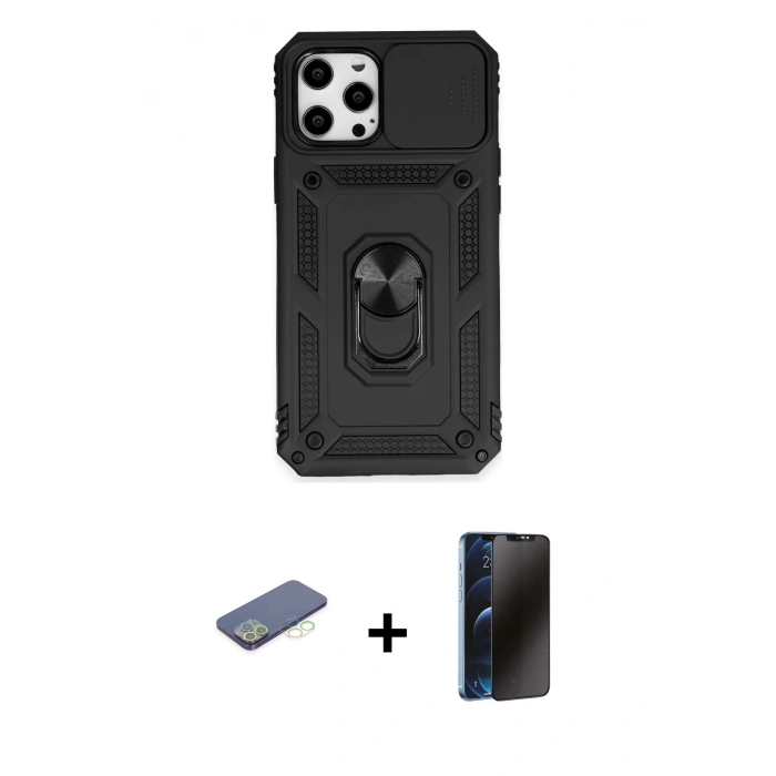 MARSİLYAN™- iPhone 12 Pro Max Kılıf Ahenk Klasik - Siyah 3D Antistatik Hayalet Cam Ekran Koruyucu + Renkli Kamera Lens Koruma Cam - YL