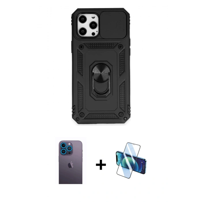 MARSİLYAN™- iPhone 12 Pro Max Kılıf Ahenk Klasik - Siyah 3D Antistatik Seramik Nano Ekran Koruyucu + Neon Fosforlu Kamera Lens - MI