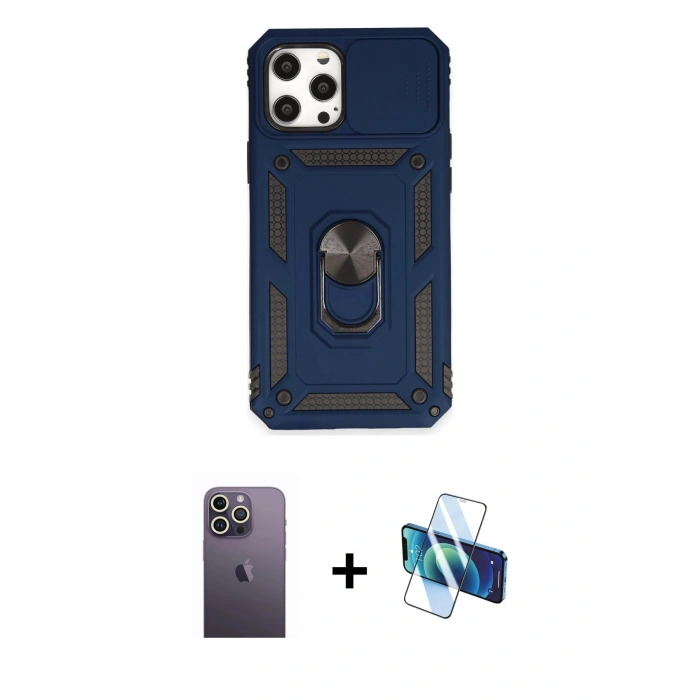MARSİLYAN™- iPhone 12 Pro Max Kılıf Ahenk Klasik - Siyah 3D Antistatik Seramik Nano Ekran Koruyucu + Neon Fosforlu Kamera Lens - BZ