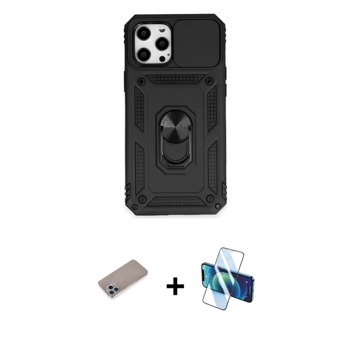 MARSİLYAN™- iPhone 12 Pro Max Kılıf Ahenk Klasik - Siyah 3D Antistatik Seramik Nano Ekran Koruyucu + Shine Kamera Lens Koruma Cam - SABE