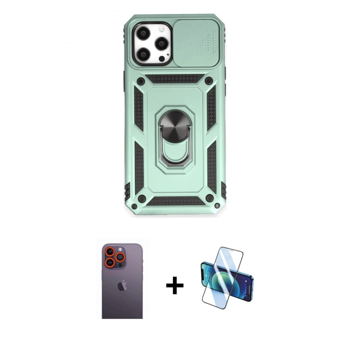 MARSİLYAN™- iPhone 12 Pro Max Kılıf Ahenk Klasik - Siyah 3D Antistatik Seramik Nano Ekran Koruyucu + Neon Fosforlu Kamera Lens - TU