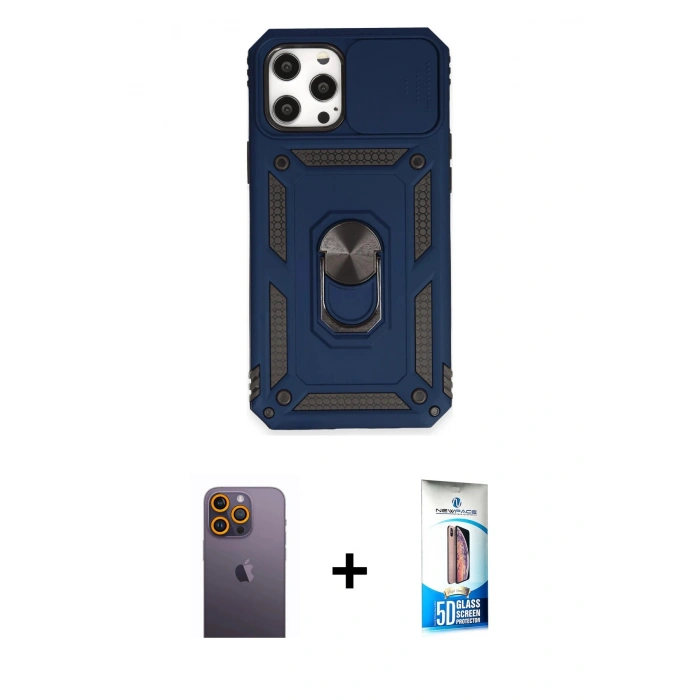 MARSİLYAN™- iPhone 12 Pro Max Kılıf Ahenk Klasik - Siyah 5D Eko Cam Ekran Koruyucu + Neon Fosforlu Kamera Lens - SI