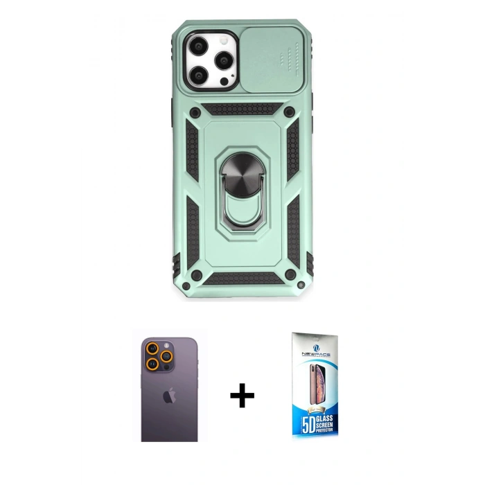 MARSİLYAN™- iPhone 12 Pro Max Kılıf Ahenk Klasik - Siyah 5D Eko Cam Ekran Koruyucu + Neon Fosforlu Kamera Lens - SI