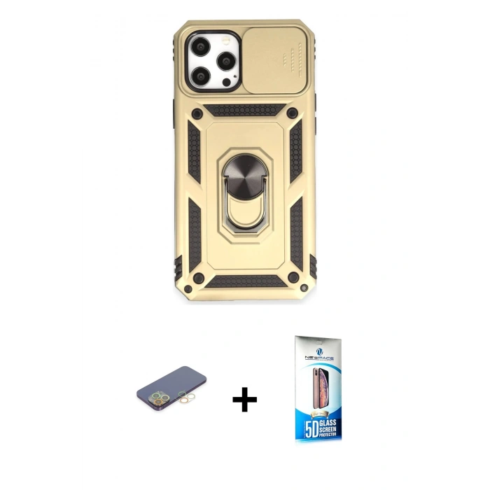 MARSİLYAN™- iPhone 12 Pro Max Kılıf Ahenk Klasik - Siyah 5D Eko Cam Ekran Koruyucu + Sarı Renkli Kamera Lens Koruma Cam