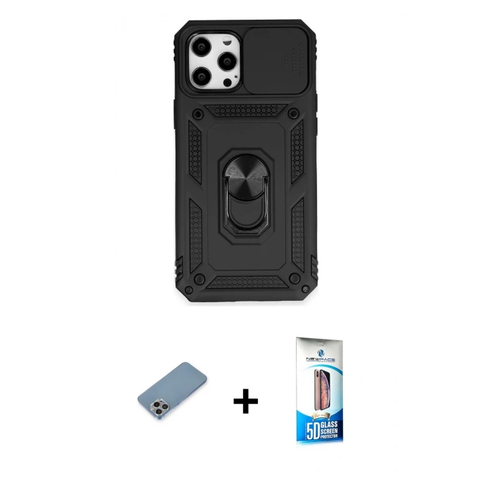 MARSİLYAN™- iPhone 12 Pro Max Kılıf Ahenk Klasik - Siyah 5D Eko Cam Ekran Koruyucu + Shine Kamera Lens Koruma Cam - GI