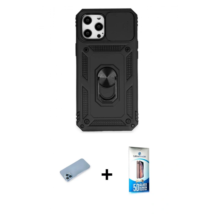 MARSİLYAN™- iPhone 12 Pro Max Kılıf Ahenk Klasik - Siyah 5D Eko Cam Ekran Koruyucu + Shine Kamera Lens Koruma Cam - MI