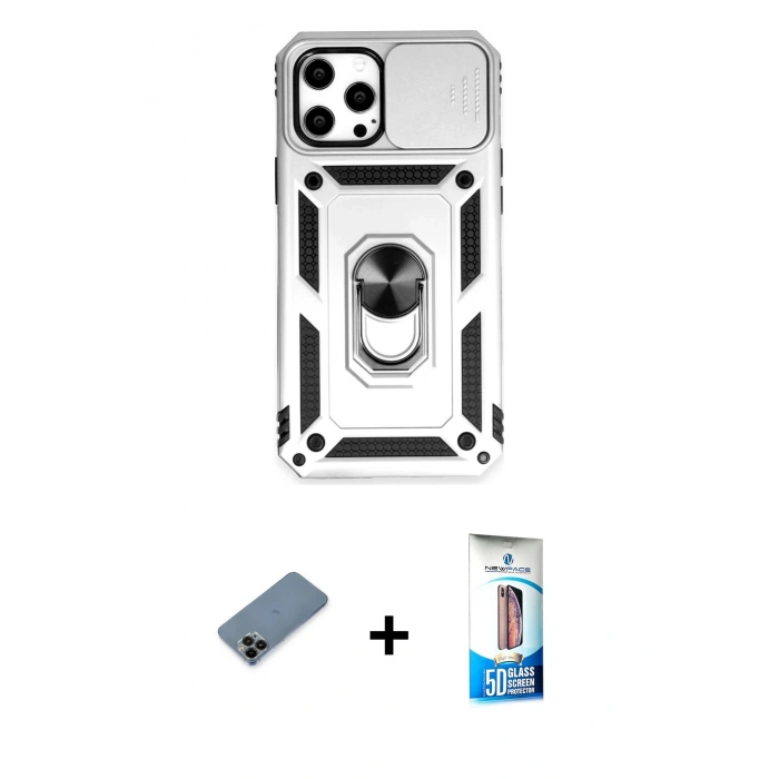 MARSİLYAN™- iPhone 12 Pro Max Kılıf Ahenk Klasik - Siyah 5D Eko Cam Ekran Koruyucu + Siyah Shine Kamera Lens Koruma Cam