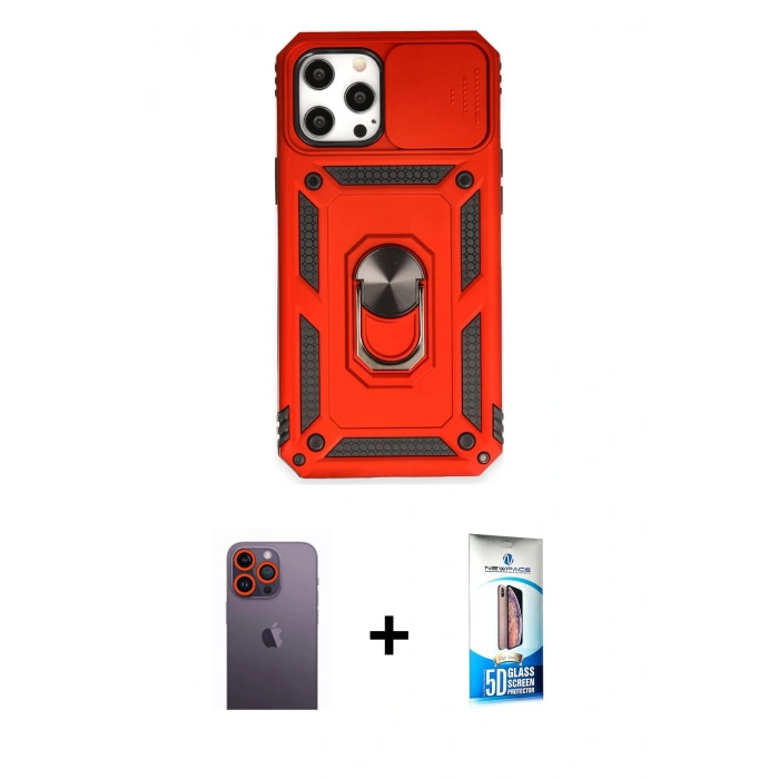 MARSİLYAN™- iPhone 12 Pro Max Kılıf Ahenk Klasik - Siyah 5D Eko Cam Ekran Koruyucu + Turuncu Neon Fosforlu Kamera Lens
