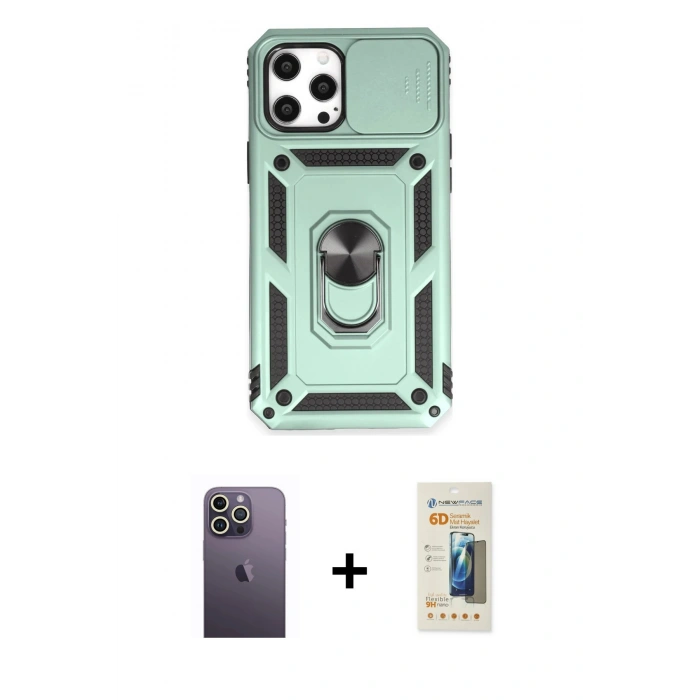 MARSİLYAN™- iPhone 12 Pro Max Kılıf Ahenk Klasik - Siyah 6D Mat Seramik Hayalet Nano Ekran Koruyucu + Neon Fosforlu Kamera Lens - BZ