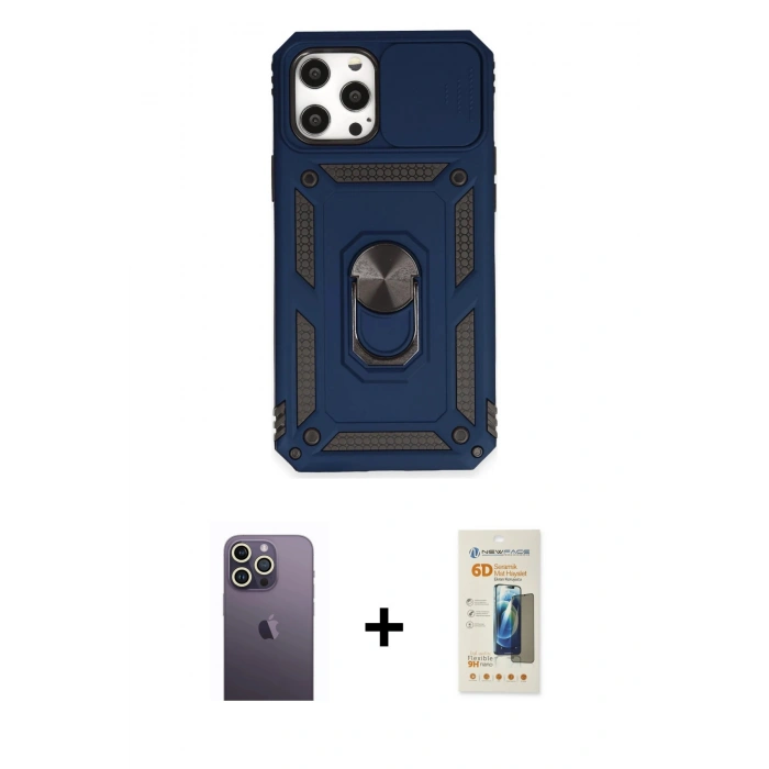 MARSİLYAN™- iPhone 12 Pro Max Kılıf Ahenk Klasik - Siyah 6D Mat Seramik Hayalet Nano Ekran Koruyucu + Neon Fosforlu Kamera Lens - BZ