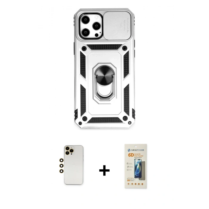 MARSİLYAN™- iPhone 12 Pro Max Kılıf Ahenk Klasik - Siyah 6D Mat Seramik Hayalet Nano Ekran Koruyucu + Gold Shine Kamera Lens