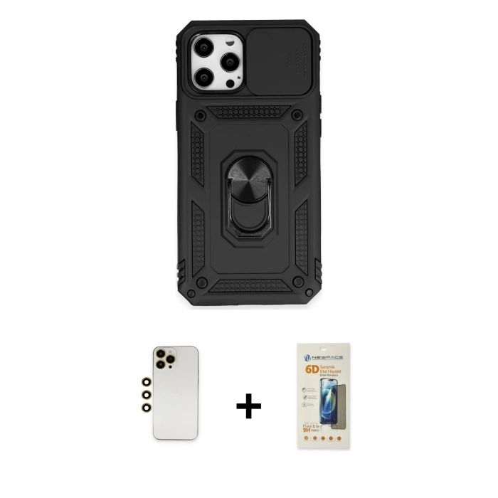 MARSİLYAN™- iPhone 12 Pro Max Kılıf Ahenk Klasik - Siyah 6D Mat Seramik Hayalet Nano Ekran Koruyucu + Gold Shine Kamera Lens