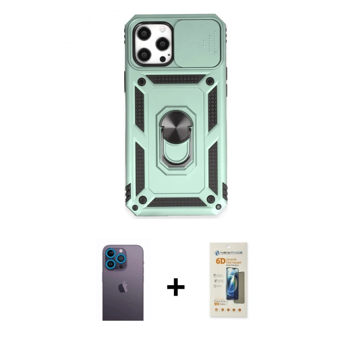 MARSİLYAN™- iPhone 12 Pro Max Kılıf Ahenk Klasik - Siyah 6D Mat Seramik Hayalet Nano Ekran Koruyucu + Neon Fosforlu Kamera Lens - MI
