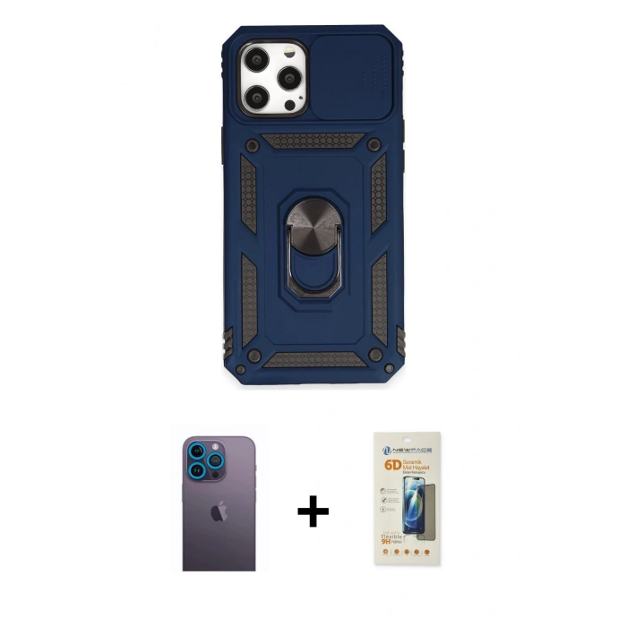 MARSİLYAN™- iPhone 12 Pro Max Kılıf Ahenk Klasik - Siyah 6D Mat Seramik Hayalet Nano Ekran Koruyucu + Neon Fosforlu Kamera Lens - MI
