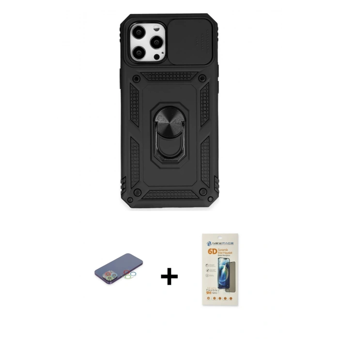 MARSİLYAN™- iPhone 12 Pro Max Kılıf Ahenk Klasik - Siyah 6D Mat Seramik Hayalet Nano Ekran Koruyucu + Renkli Kamera Lens Koruma Cam - MI