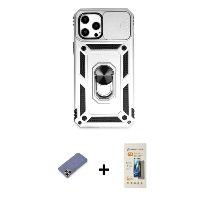 MARSİLYAN™- iPhone 12 Pro Max Kılıf Ahenk Klasik - Siyah 6D Mat Seramik Hayalet Nano Ekran Koruyucu + Metal Kamera Lens Koruma Cam - GD