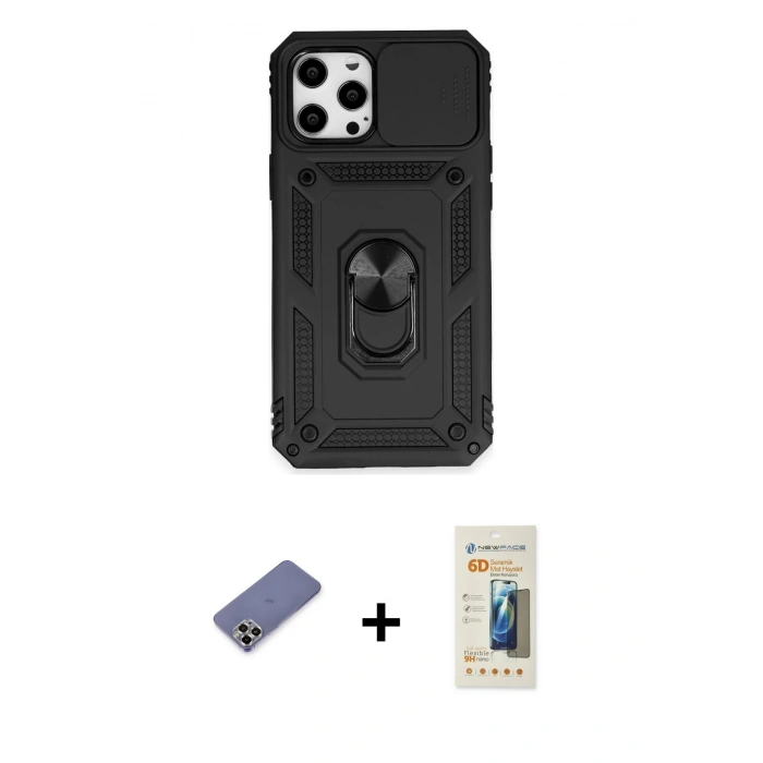MARSİLYAN™- iPhone 12 Pro Max Kılıf Ahenk Klasik - Siyah 6D Mat Seramik Hayalet Nano Ekran Koruyucu + Metal Kamera Lens Koruma Cam - GD