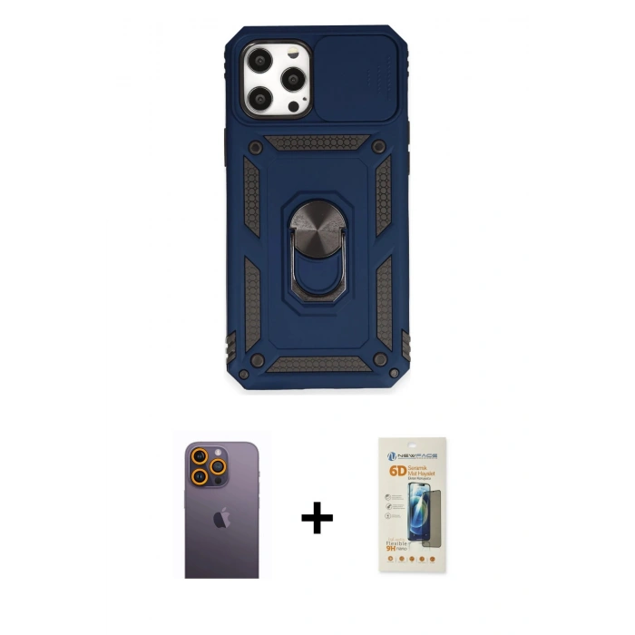 MARSİLYAN™- iPhone 12 Pro Max Kılıf Ahenk Klasik - Siyah 6D Mat Seramik Hayalet Nano Ekran Koruyucu + Neon Fosforlu Kamera Lens - SI