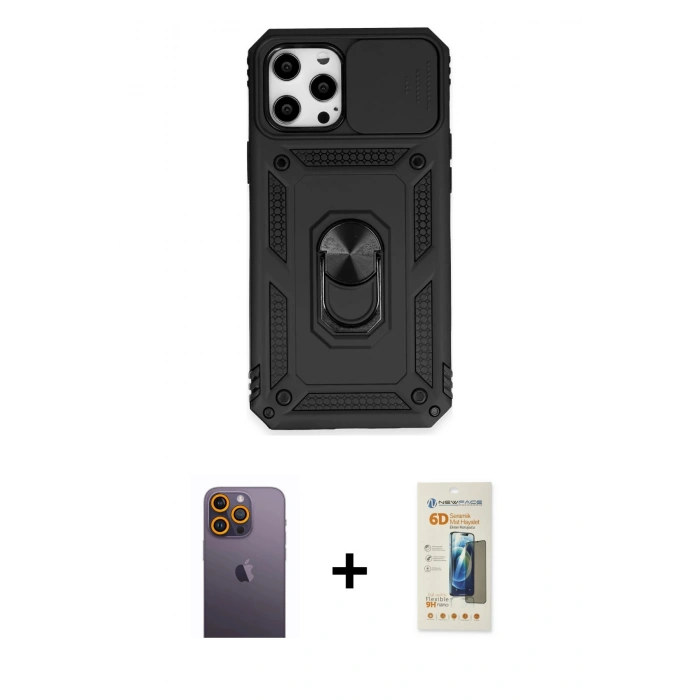 MARSİLYAN™- iPhone 12 Pro Max Kılıf Ahenk Klasik - Siyah 6D Mat Seramik Hayalet Nano Ekran Koruyucu + Neon Fosforlu Kamera Lens - SI