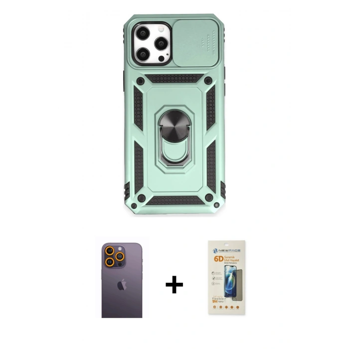 MARSİLYAN™- iPhone 12 Pro Max Kılıf Ahenk Klasik - Siyah 6D Mat Seramik Hayalet Nano Ekran Koruyucu + Neon Fosforlu Kamera Lens - SI