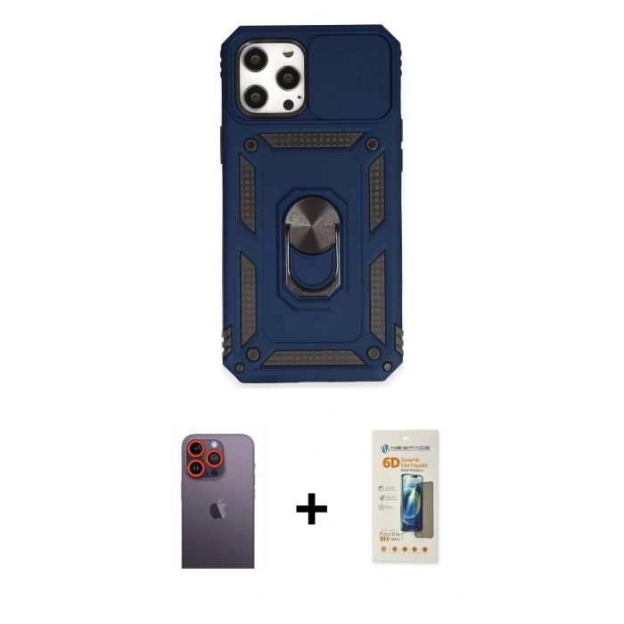 MARSİLYAN™- iPhone 12 Pro Max Kılıf Ahenk Klasik - Siyah 6D Mat Seramik Hayalet Nano Ekran Koruyucu + Neon Fosforlu Kamera Lens - TU