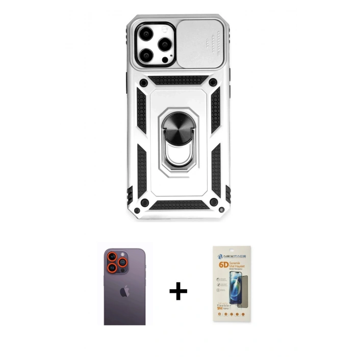 MARSİLYAN™- iPhone 12 Pro Max Kılıf Ahenk Klasik - Siyah 6D Mat Seramik Hayalet Nano Ekran Koruyucu + Neon Fosforlu Kamera Lens - TU