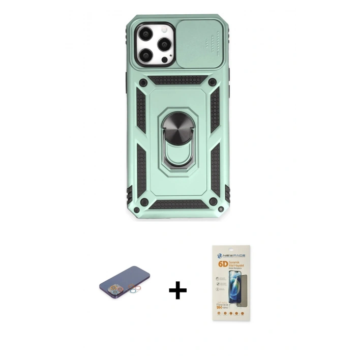 MARSİLYAN™- iPhone 12 Pro Max Kılıf Ahenk Klasik - Siyah 6D Mat Seramik Hayalet Nano Ekran Koruyucu + Pembe Renkli Kamera Lens Koruma Cam