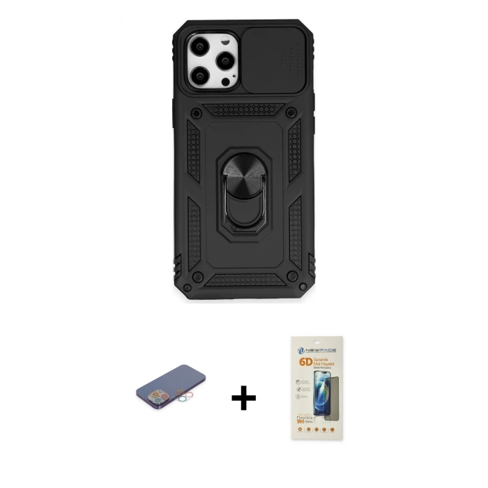 MARSİLYAN™- iPhone 12 Pro Max Kılıf Ahenk Klasik - Siyah 6D Mat Seramik Hayalet Nano Ekran Koruyucu + Pembe Renkli Kamera Lens Koruma Cam