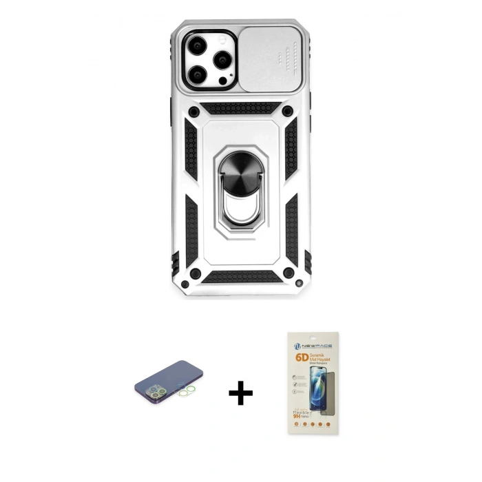 MARSİLYAN™- iPhone 12 Pro Max Kılıf Ahenk Klasik - Siyah 6D Mat Seramik Hayalet Nano Ekran Koruyucu + Renkli Kamera Lens Koruma Cam - YL
