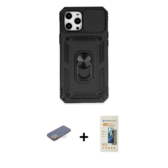 MARSİLYAN™- iPhone 12 Pro Max Kılıf Ahenk Klasik - Siyah 6D Mat Seramik Hayalet Nano Ekran Koruyucu + Renkli Kamera Lens Koruma Cam - SI