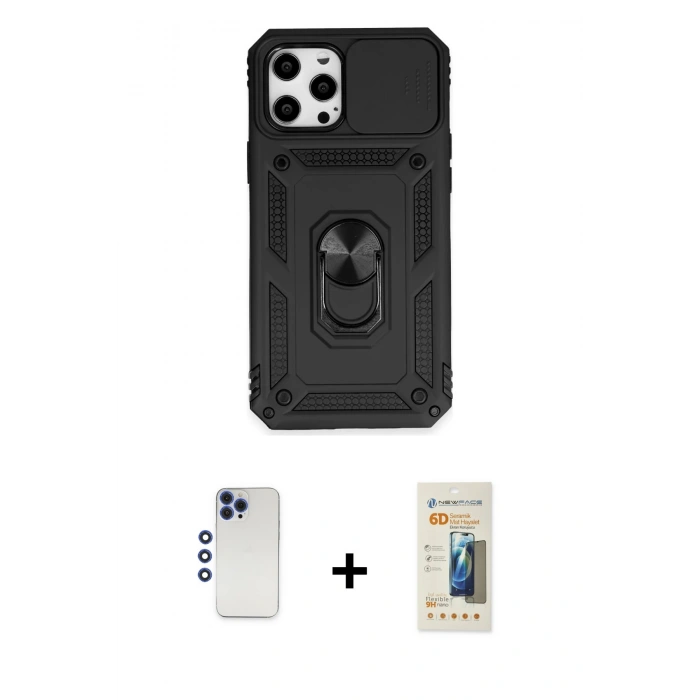 MARSİLYAN™- iPhone 12 Pro Max Kılıf Ahenk Klasik - Siyah 6D Mat Seramik Hayalet Nano Ekran Koruyucu + Shine Kamera Lens - LT