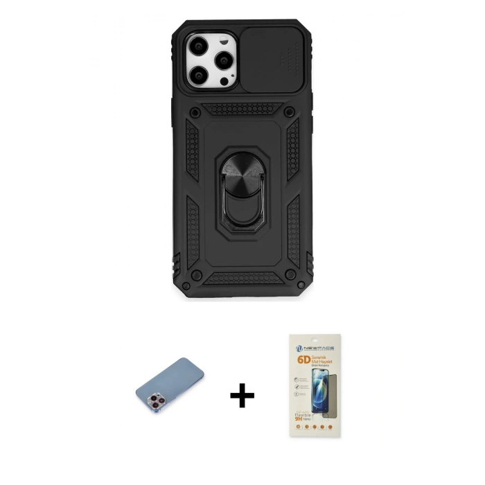 MARSİLYAN™- iPhone 12 Pro Max Kılıf Ahenk Klasik - Siyah 6D Mat Seramik Hayalet Nano Ekran Koruyucu + Shine Kamera Lens Koruma Cam - PE