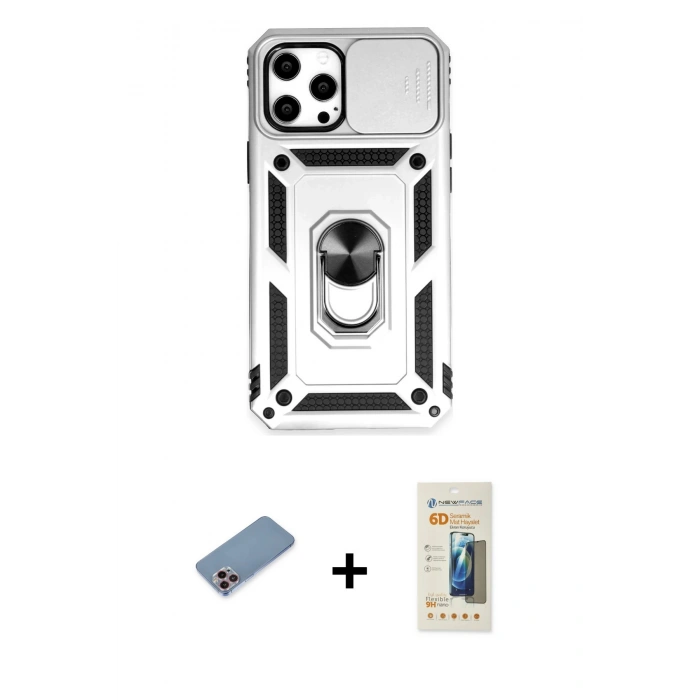 MARSİLYAN™- iPhone 12 Pro Max Kılıf Ahenk Klasik - Siyah 6D Mat Seramik Hayalet Nano Ekran Koruyucu + Shine Kamera Lens Koruma Cam - PE
